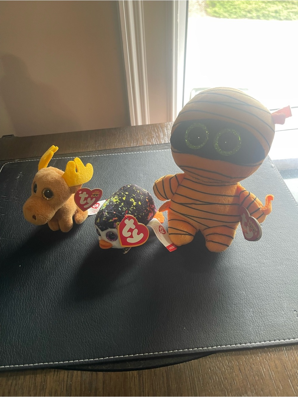 NWT Ty Orange Striped Mummy, Yellow Moose & Black Speckled Bird Plush Set